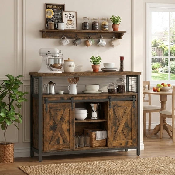 LEDREM Industrial Coffee Bar Cabinet - 39.4" Sideboard with 2 Sliding Barn Doors & Adjustable Shelves, Rustic Brown and Black