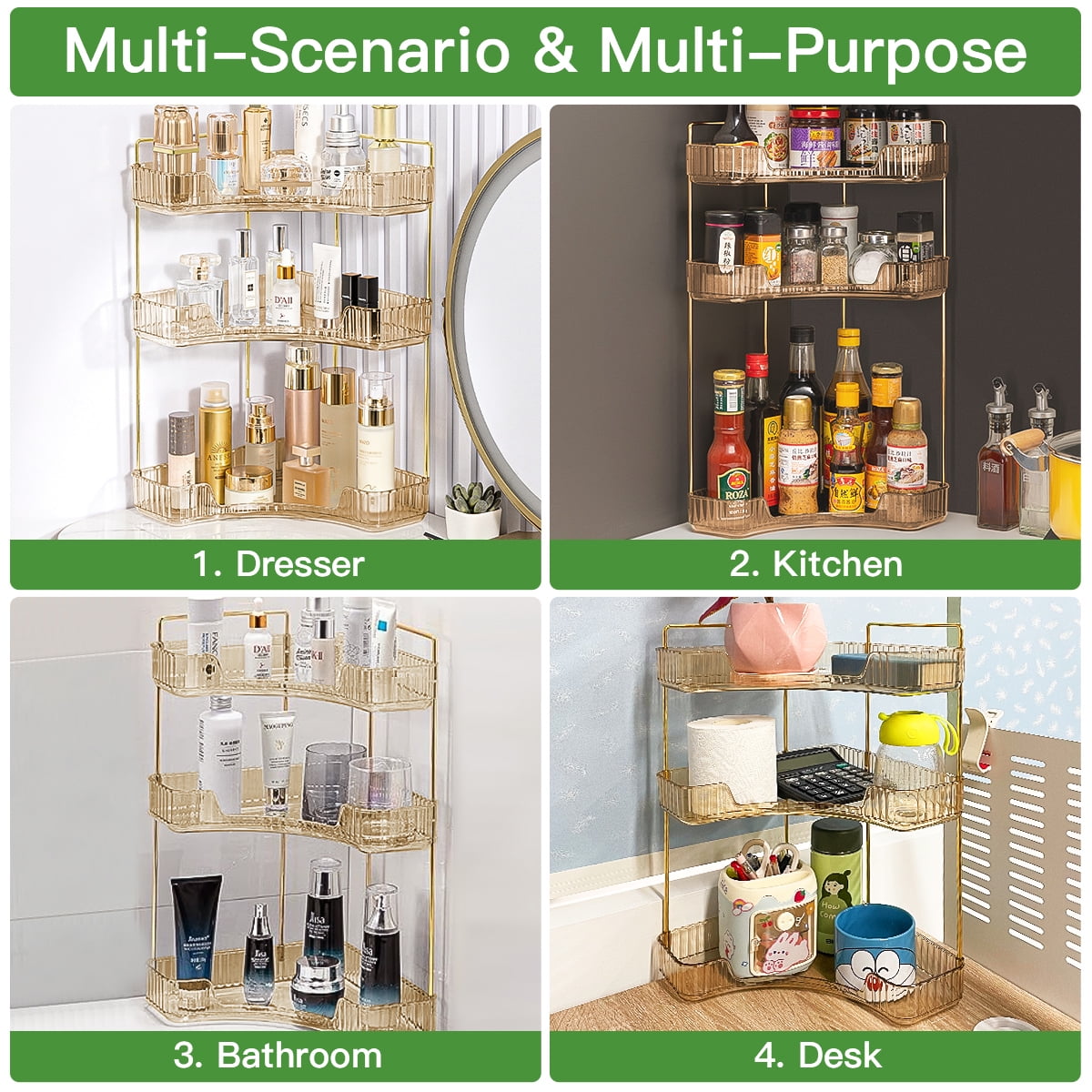 Garmic 3-Tier Bathroom Counter Organizer Countertop Storage Organizer Makeup Organizer Space Saving Vanity Trays – Gold