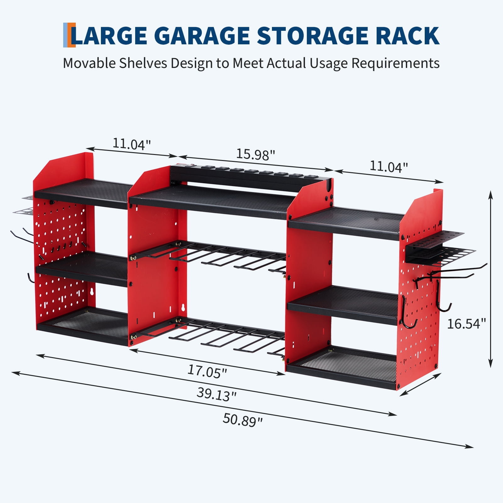 Ataucjin Heavy Duty Wall Mount Tool Organizer Rack, 3-Tier Metal Garage Storage with 8 Drill Slots & Hooks, 240 Lbs Capacity Power Tool Organizer for Workshop, Garage, Gift for Men