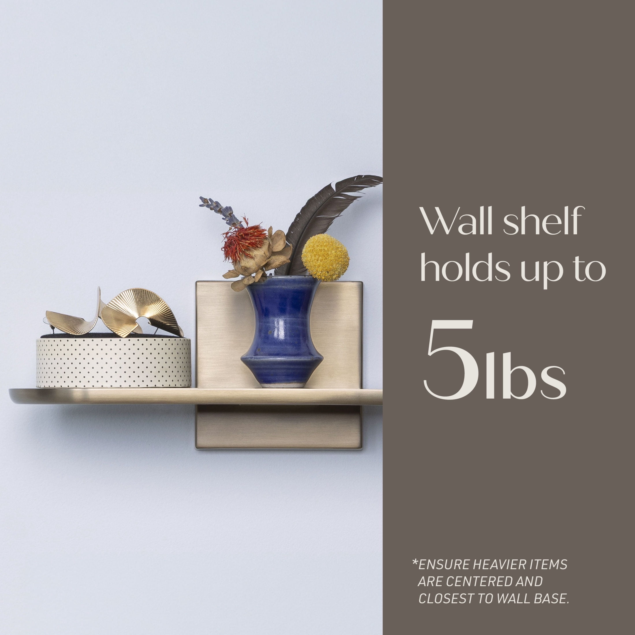 Command Decor Metal Wall Shelf, Brushed Brass, Holds 5 lbs, 1 Shelf, 8 Large Adhesive Strips