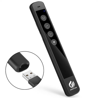 AMERTEER Wireless Presenter, RF 2.4GHz Presentation Remote Rechargeable with Laser Pointer PowerPoint PPT Slides Clicker Support Hyperlink for Meeting,Teaching,Speech