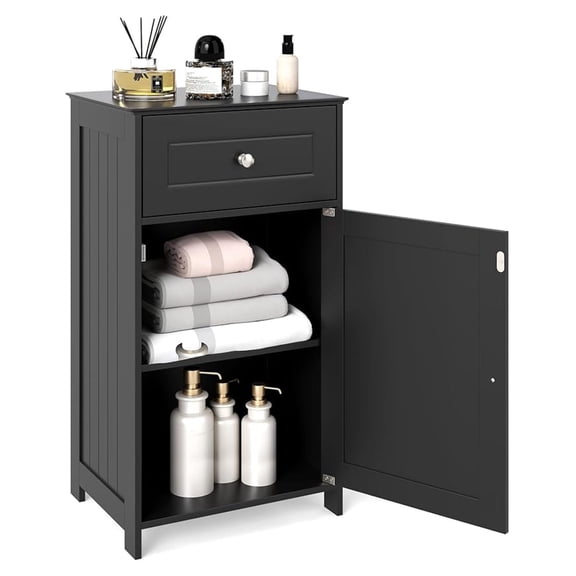 Small Bathroom Cabinet for Small Spaces, Free-Standing Single Door Storage with Adjustable Shelf, Anti-Tipping Device, Smooth Drawer, Floor Cabinet for Bathroom & Living Room (Black)