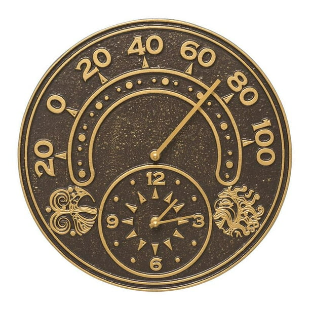 Whitehall 01752 Sun And Wind 14 Indoor Outdoor Wall Clock Thermometer In Dark Bronze Gold Com And Wind 14 Indoor Outdoor Wall Clock, Outdoor Clocks Thermometers