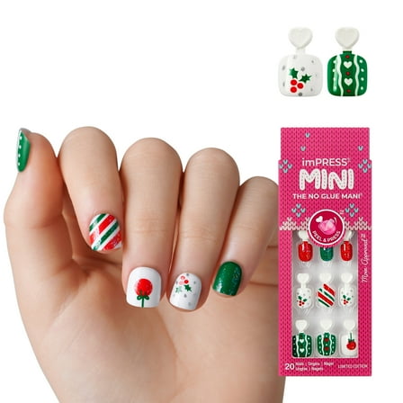 KISS imPRESS MINI Holiday Press On Nails, ‘One More Sleep’, Green, Kids Squoval, 20 Count
