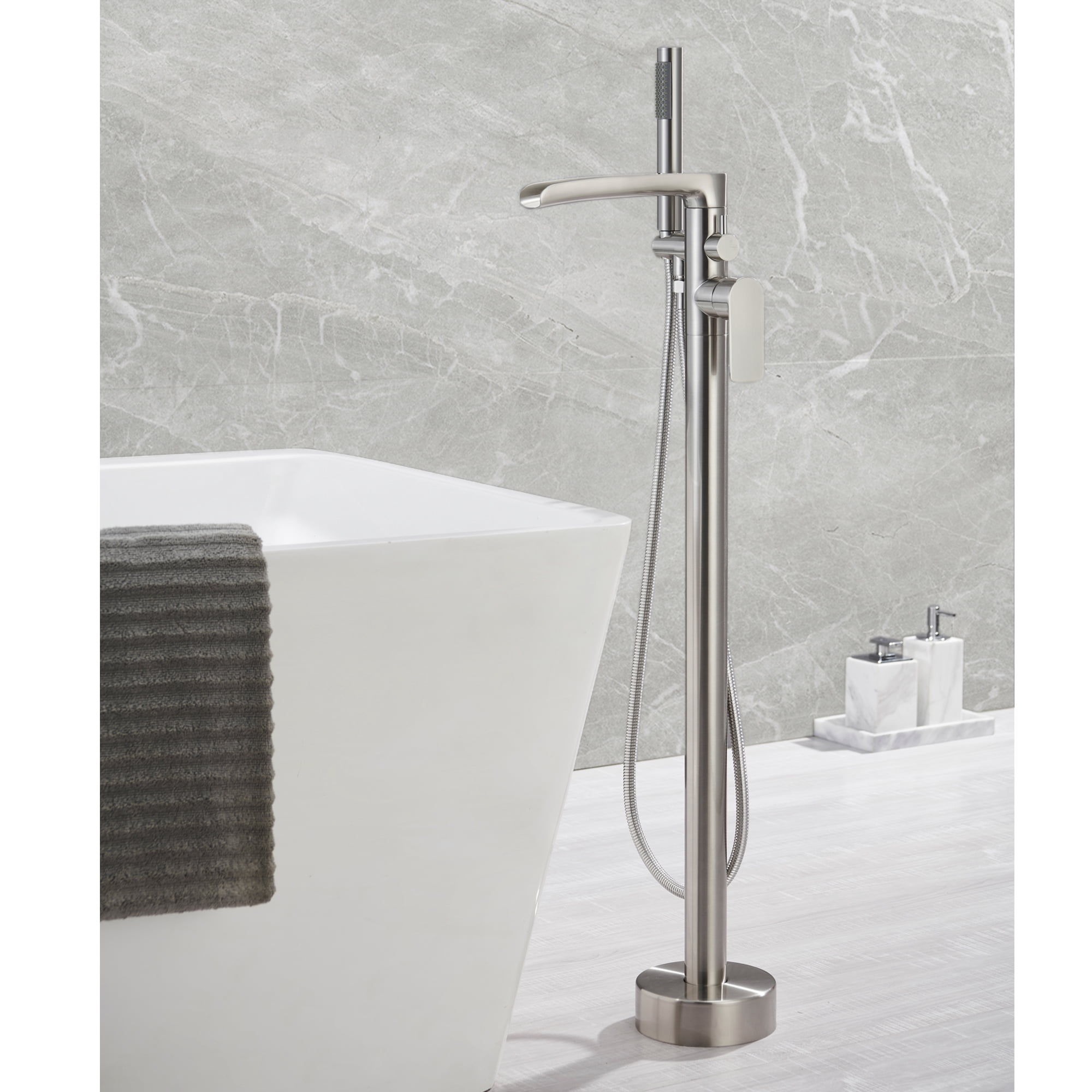 Freestanding Waterfall Bathtub Filler, Floor Mount Clawfoot Tub Faucets with Handheld Shower