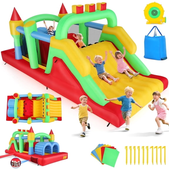 Adnoom Inflatable Bounce House with Obstacle Course, Climbing Wall, Dual Tunnel, Bounce House and Large Slide, Kid Bounce Castle for 2~3 Chlidren, Jumping Castle with 680W Blower, Indoor & Outdoor