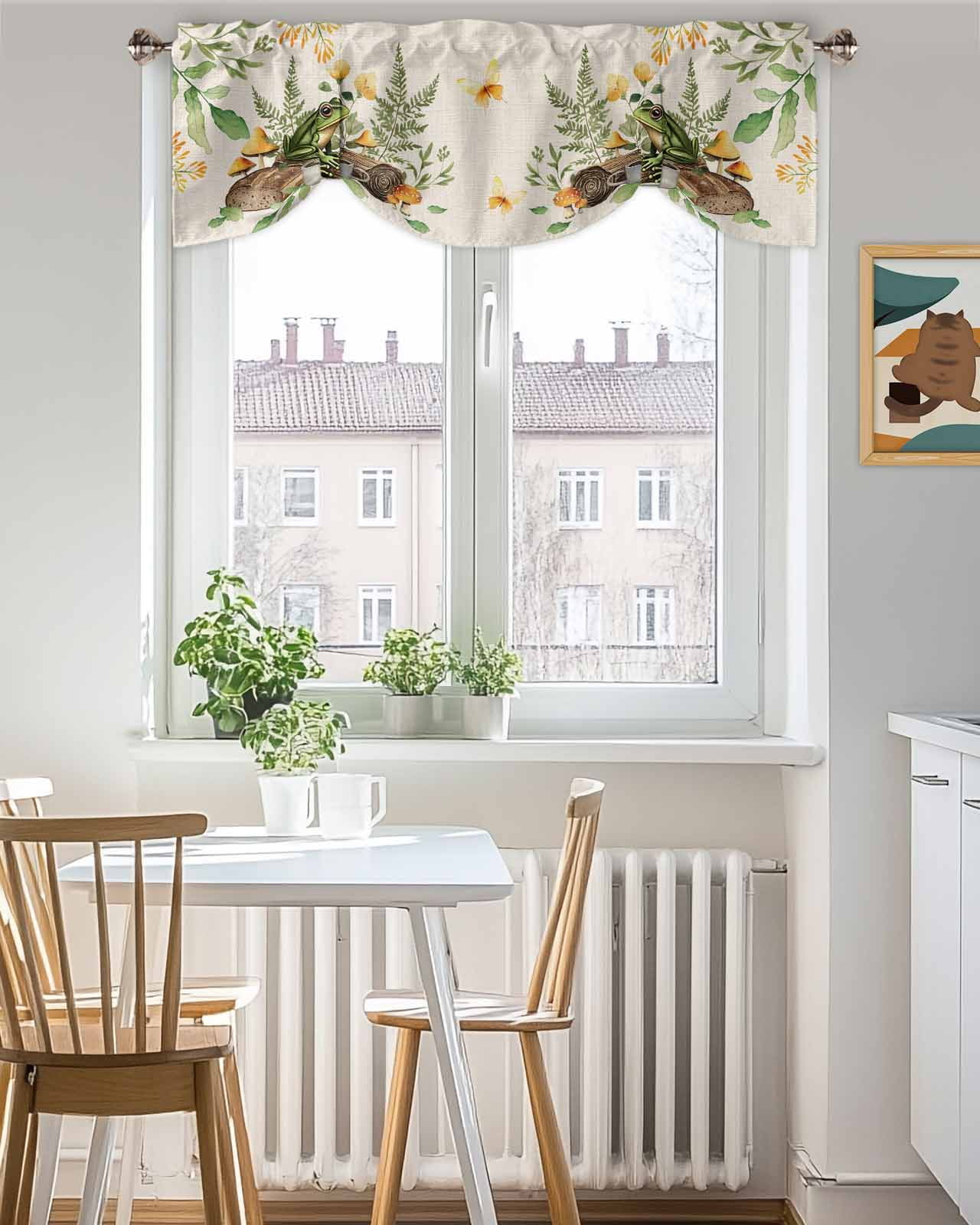Green Frog Tie Up Valances Curtain, Adjustable Kitchen Coffee Mushroom Butterfly Vintage Linen Valances for Windows Decor, Rod Pocket Short Curtains Set for Bedroom/Bathroom, 54"x18"