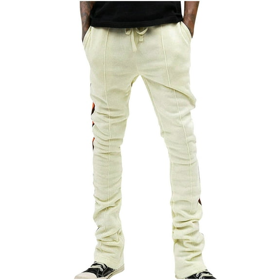 Wyobmus Men's Flared Sweatpants Loose Fit Y2K Drawstring Sport Pants Solid Color Casual Bell Bottom Jogger Pants A-Beige