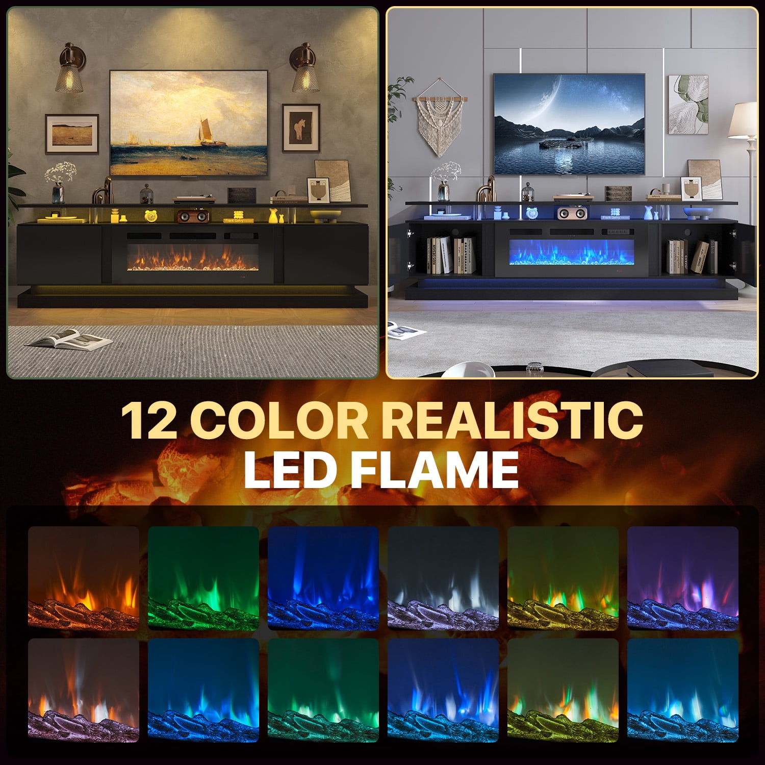 BaPiPro 80" Modern Electric Fireplace TV Stand for TVs Up to 90", Entertainment Center with Music Sync LED Lights & Storage Cabinets, Media Console for Living Room, Black