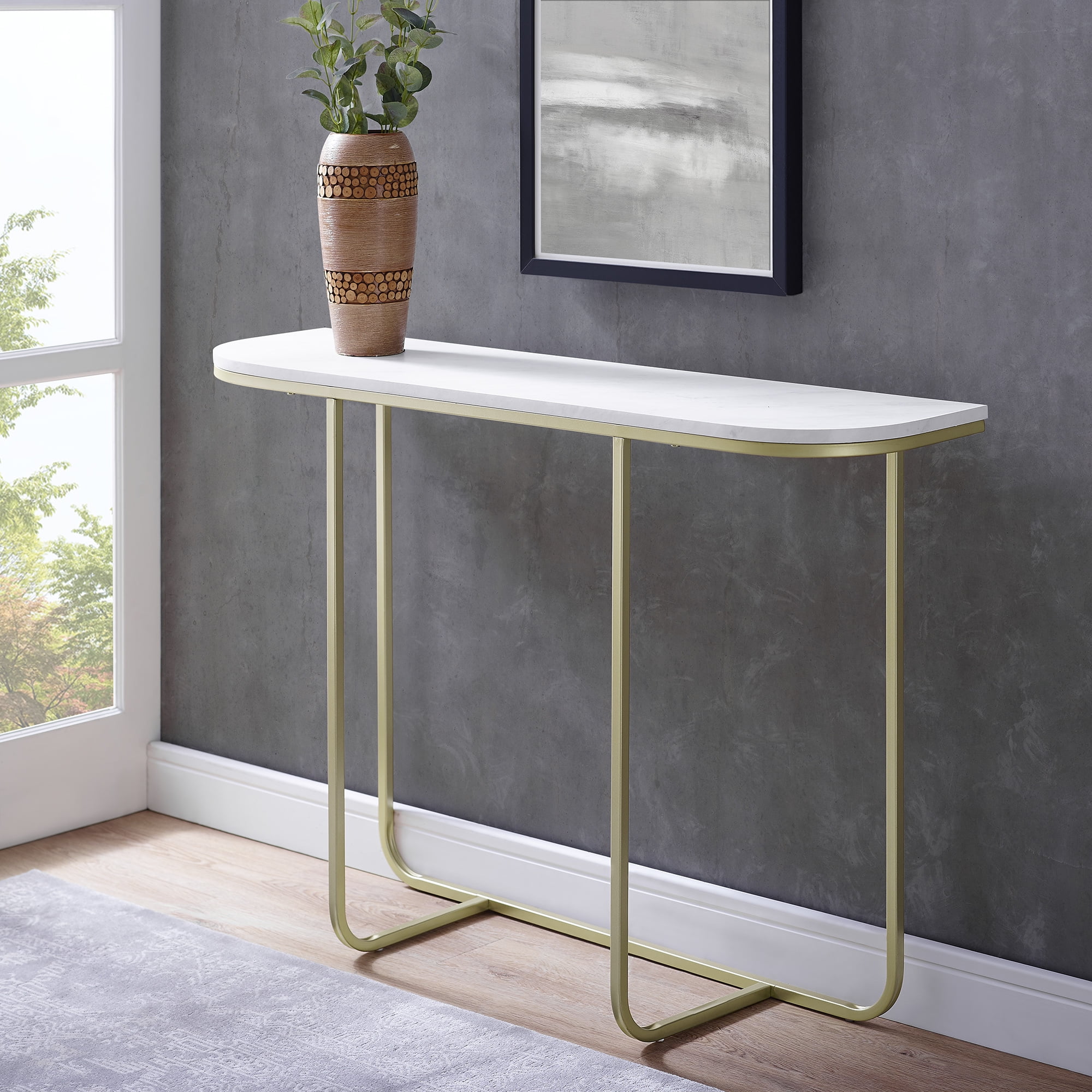 Manor Park Modern Curved Entry Table White Faux Marbe/Gold