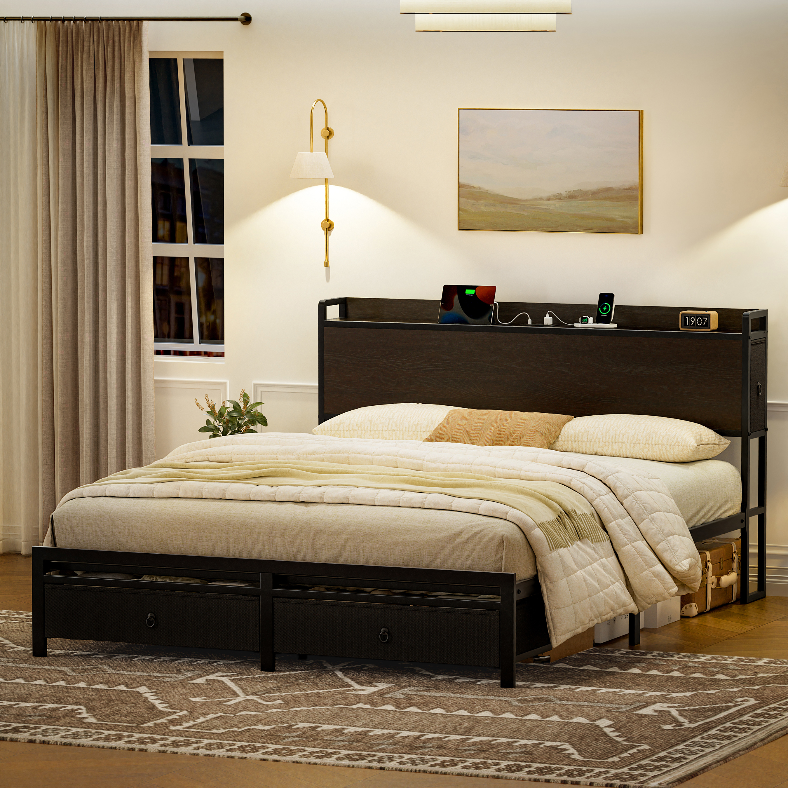 GUNAITO Queen Bed Frame with Storage Headboard Platform Bed with 2 Drawers Metal Bed with Charging Station, Dark Brown