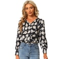 thumbnail image 1 of Blusa de satén floral Allegra K Blusas de manga larga con botones y cuello En V Negro XS, 1 of 6