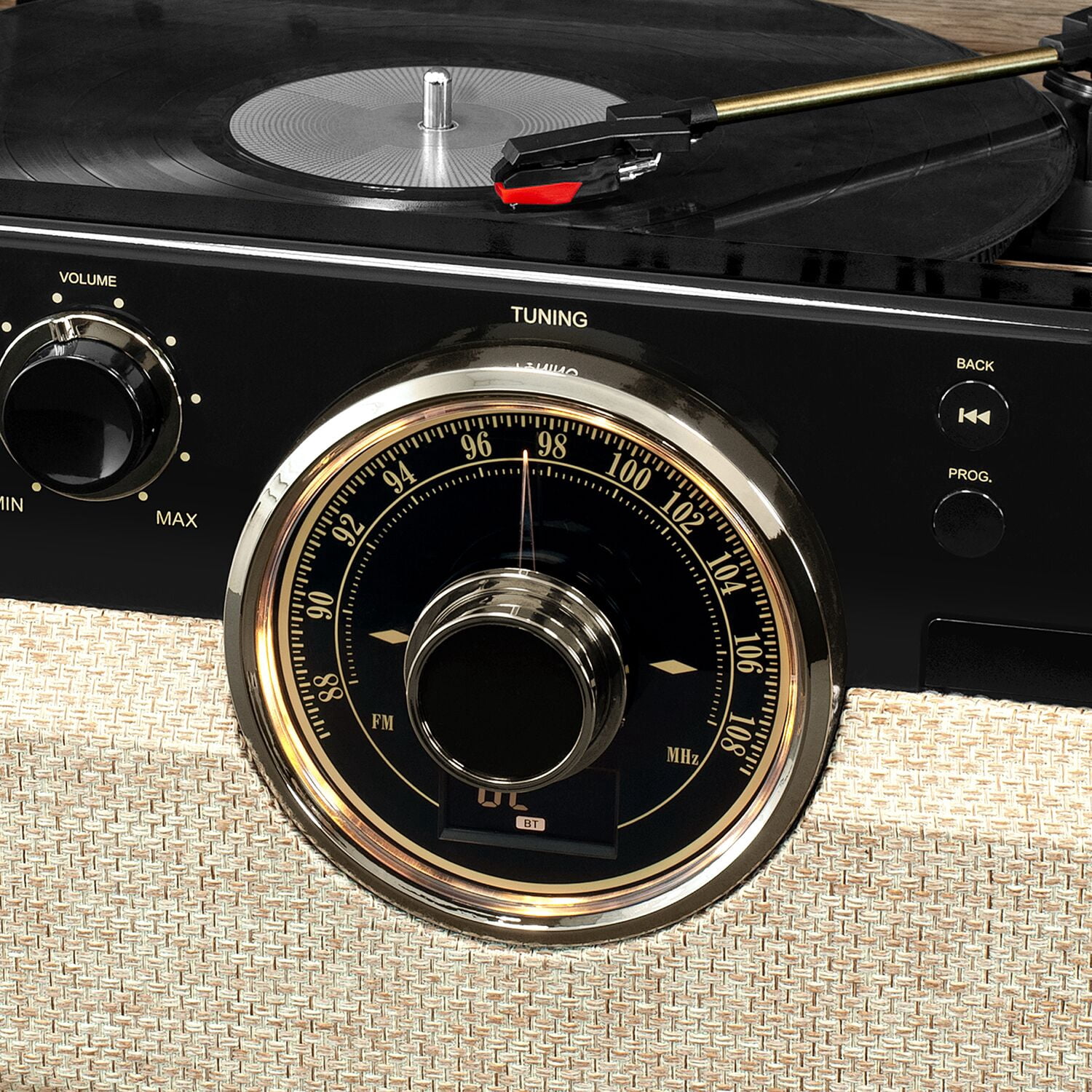 Victrola 6-in-1 Wood Empire Mid Century Modern Bluetooth Record Player with 3-Speed Turntable, CD, Cassette Player and Radio, Farmhouse Oatmeal