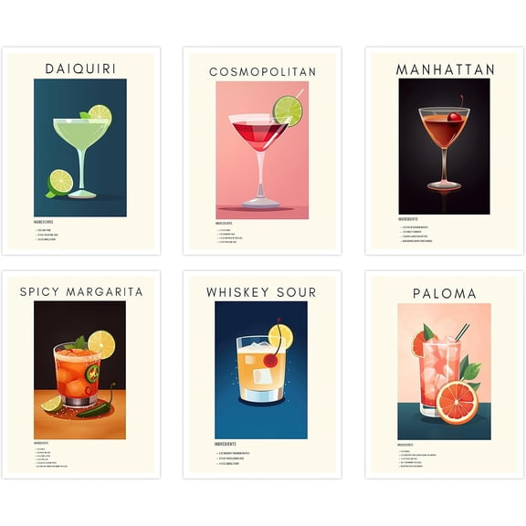 Vintage Pink Posters Cute Funny Cocktail Canvas Wall Art Cool Funky Alcohol Drinks Cherry Disco Ball Wall Decor for Bar Party College Dorm Apartment Set of 6 8x10In Unframed
