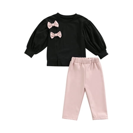 

Yinyinxull Toddler Baby Kids Girls Autumn Clothes Long Puff Sleeve Bowknot Sweatshirt Tops PU Leather Pants Sets Black 2-3 Years