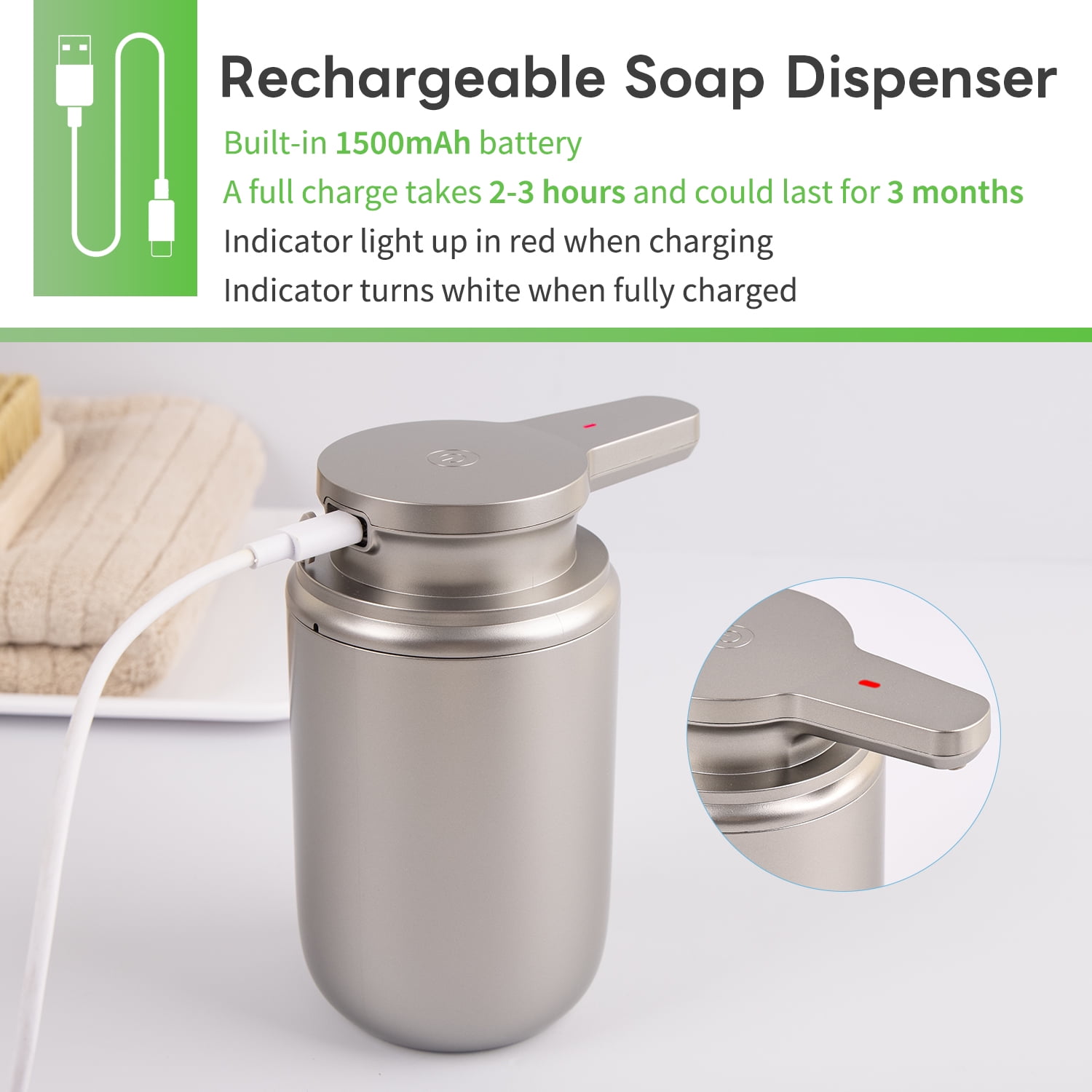 Automatic Foaming Soap Dispenser, Rechargeable Touchless Foam Hand Soap Pump for Bathroom Kitchen, Water-Resistant, Xmas Gift