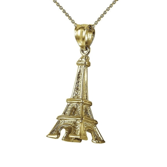 925 Sterling Silver Yellow Gold Plated 1mm Cable Chain Necklace w/ Eiffel Tower 3D Pendant