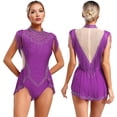 thumbnail image 3 of Xnihocha Justaucorps de Danse Lyrique Brillant avec Strass pour Femmes, Justaucorps à Jupe à Franges pour Performance, Violet, P, 3 of 7