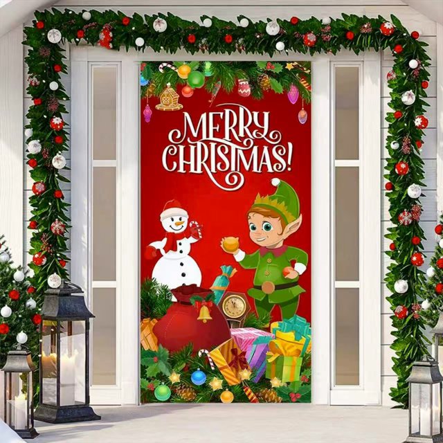 Cortina para Puerta de Fiestas, Fondo Festivo, con Santa Claus y un Cachorro, Decoración Navideña, Tela Colgante, 185x90cm, para Uso Interior y Exterior