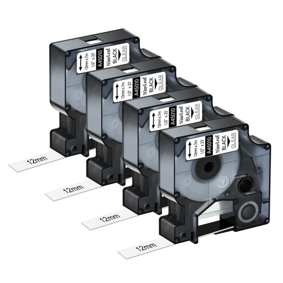 NineLeaf 4PK Compatible for DYMO D1 45010 1/2" x 23' (12mm x 7m) Black on Clear Label Maker Tape for Label Manager 100 120P 160 210D