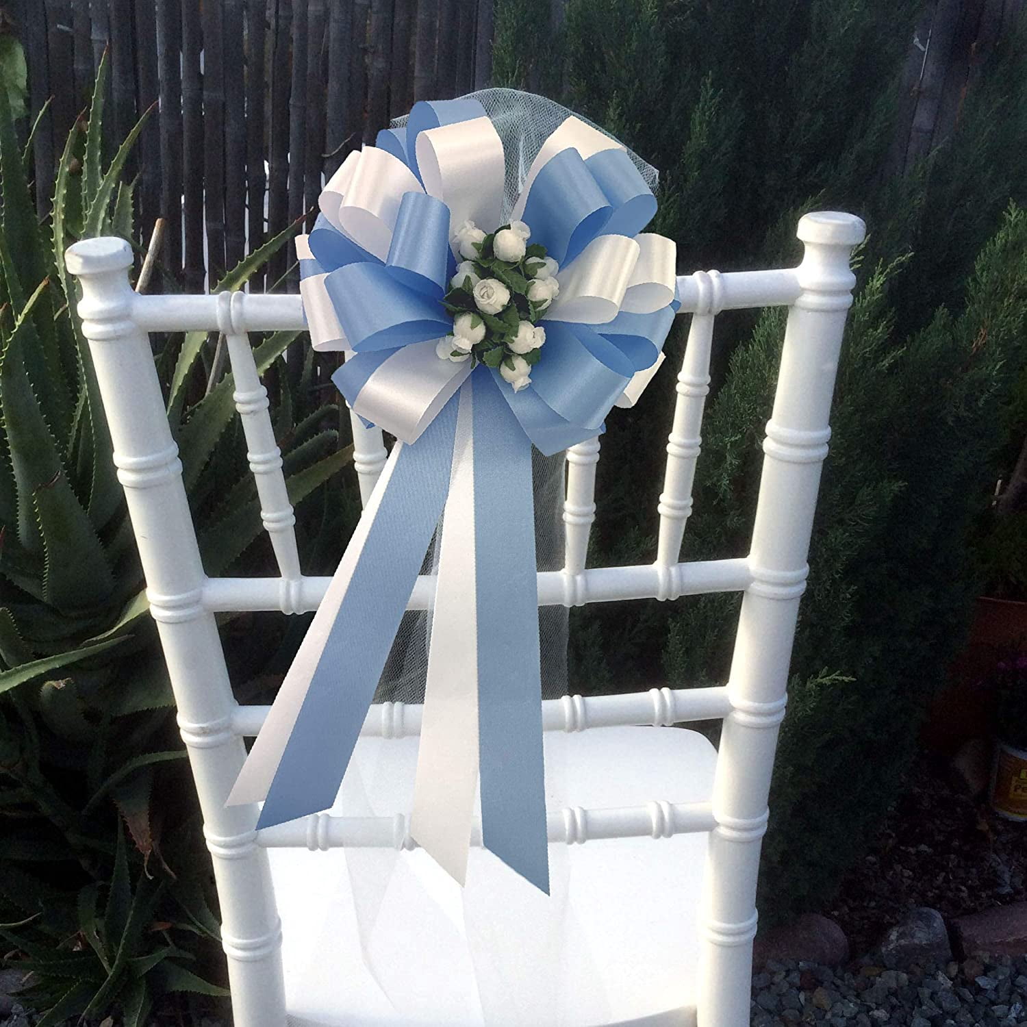 Baby Blue & White Pull Bows with Tulle Tails & Rosebuds - 8" Wide, Set of 6, Wedding, Reception, Pew Bows