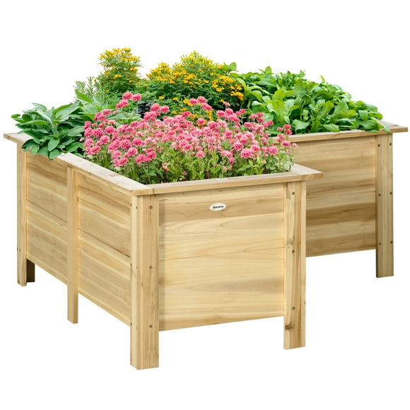 Outsunny Raised Garden Bed Outdoor L-shaped, Wooden Planter Box, Natural