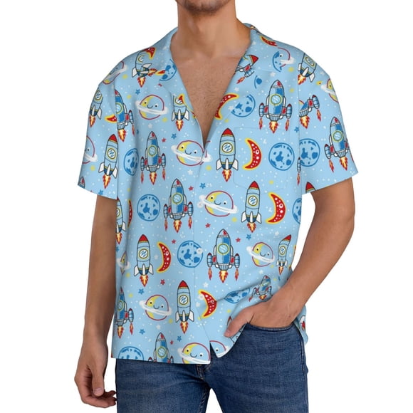 Vsdgher Chemise Cubaine pour Hommes avec Imprimé Fusée de Dessin Animé, Chemises Hawaïennes, Chemises Boutonnées Décontractées pour Affaires, Chemise à Manches Courtes-TTG
