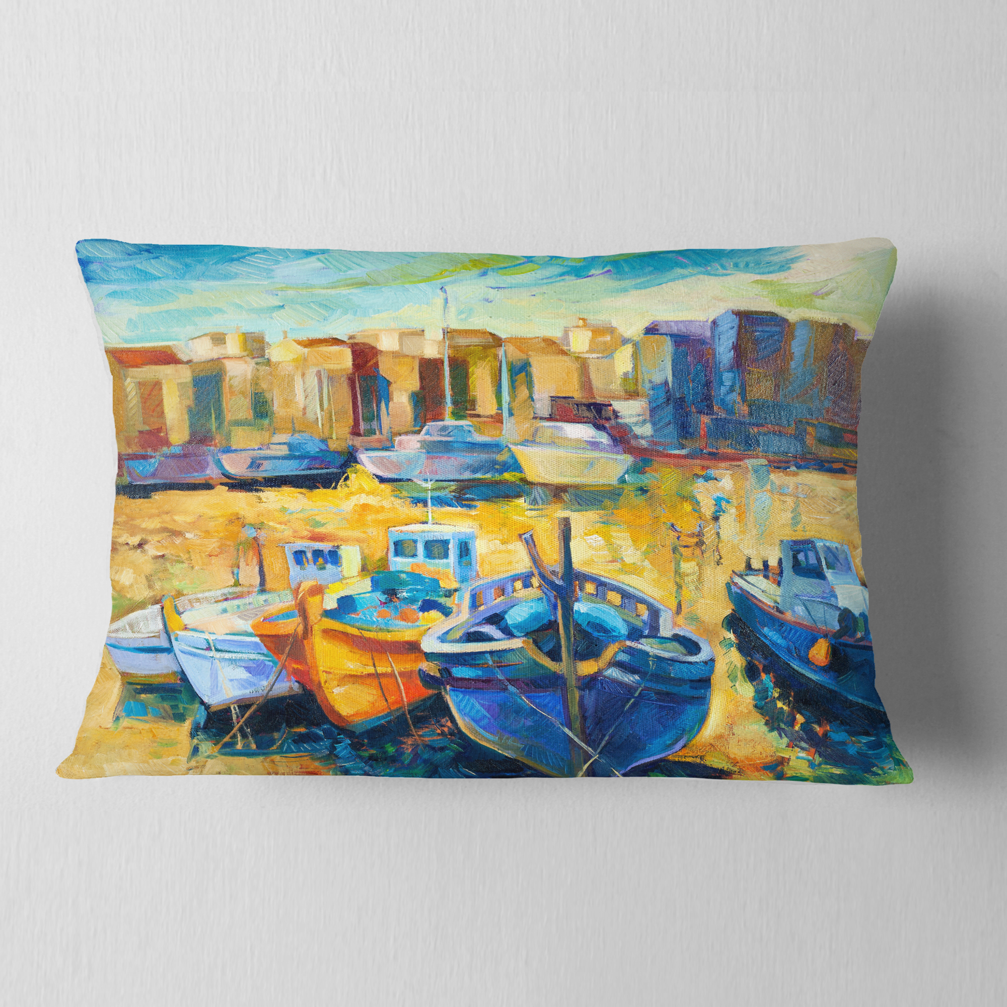 Designart Wharf and Boats - Seascape Throw Pillow - 12x20