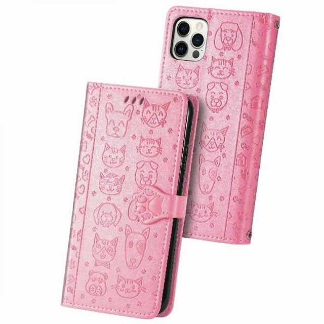Funda Cartera FOXDOCK para iPhone 12 / 12 Pro , Flip PU con Relieve de Gatos y Perros, Tarjetero y Soporte