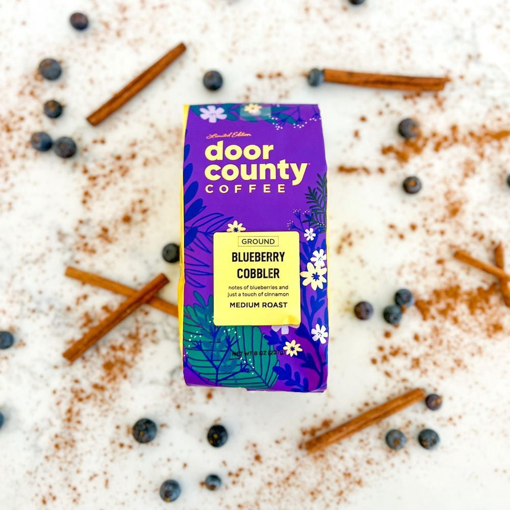 Door County Coffee Blueberry Cobbler Flavored Specialty Arabica Coffee, Medium Roast, Ground, 8oz Bag (Spring & Summer Limited Edition)