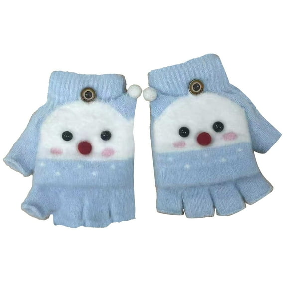 Blue Children Winter Gloves Warm Cute Snowman Pattern Open Finger Half Finger Knitted Gloves In Blue Color For Cold Weather