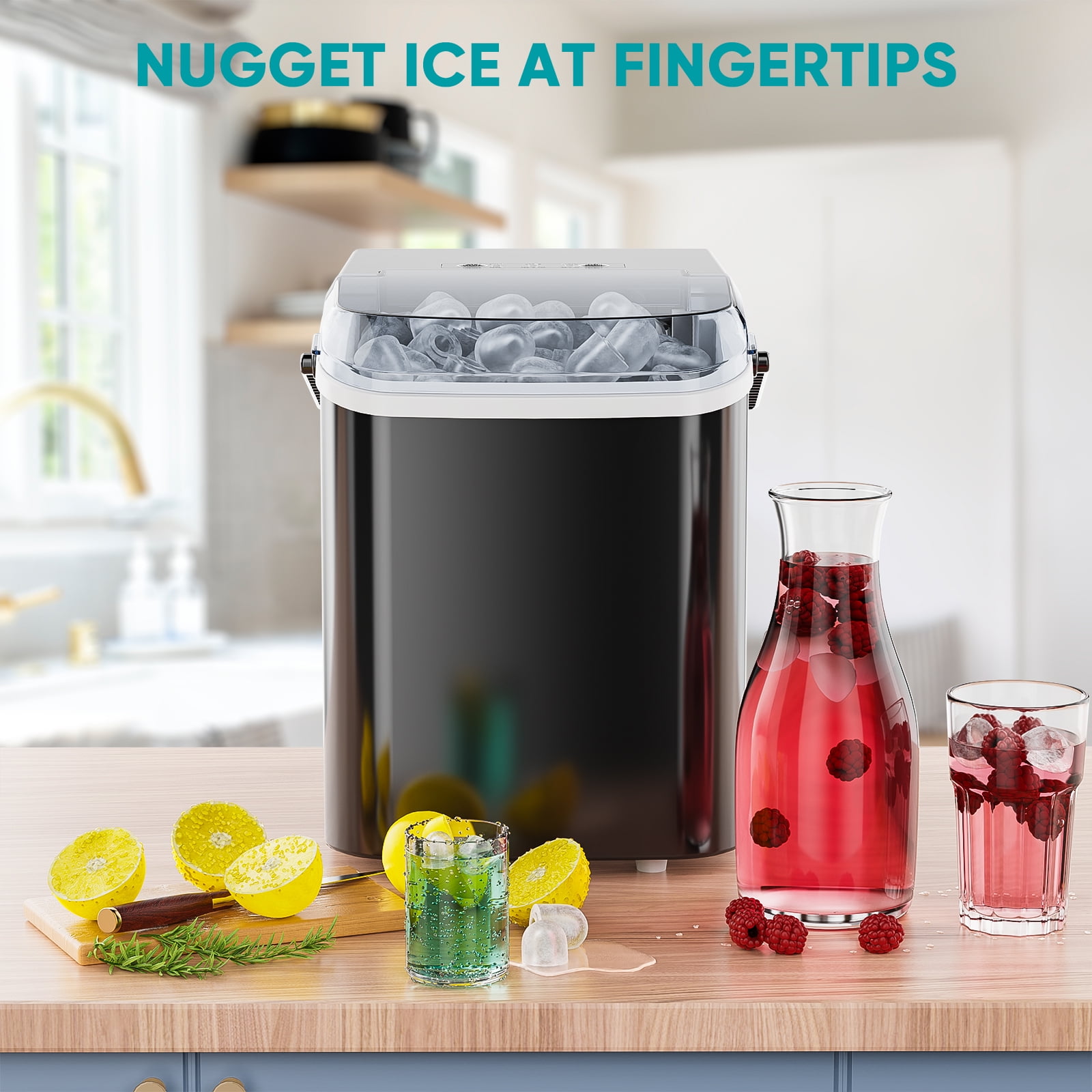 CONCETTA Countertop Ice Maker, Machine Self-Cleaning, 2 Sizes Bullet Ice, Portable Ice Machine with Ice Scoop, Basket and Handle, Black