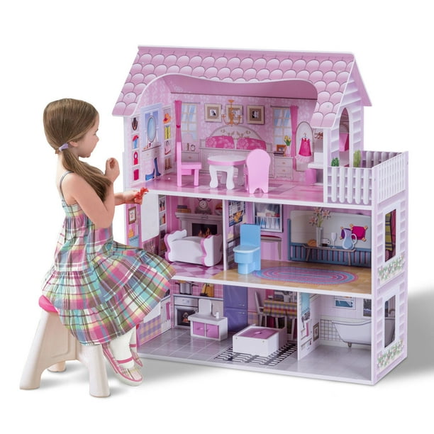 Gymax 28 Pink Dollhouse W Furniture Gliding Elevator Rooms 3