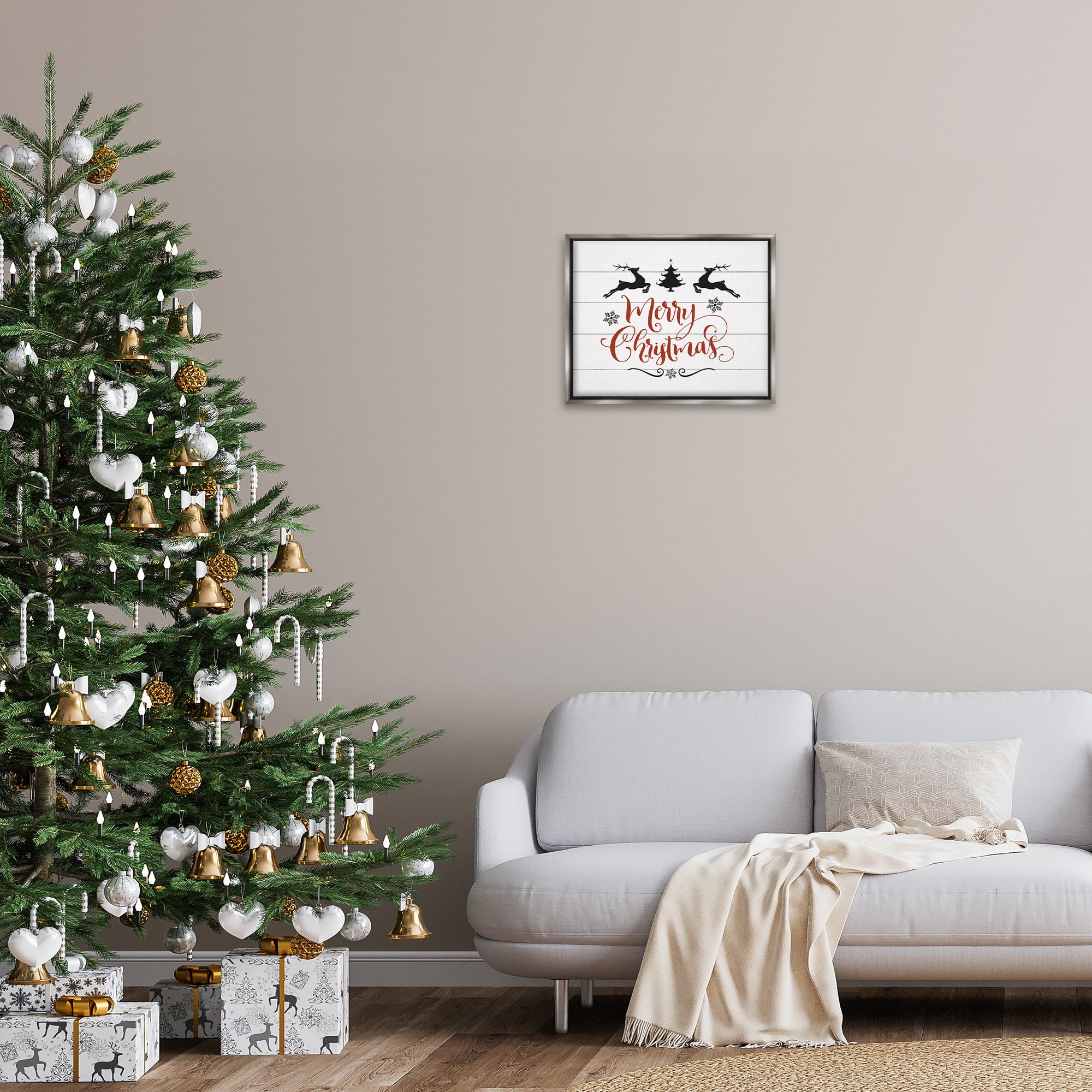Stupell Industries Merry Christmas with Reindeer Holiday Painting Gray Floater Framed Canvas Art Print Wall Art, 21 x 17
