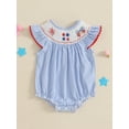 thumbnail image 3 of Okbabeha Newborn Baby Girls 4th of July Outfits Fourth of July Bubble Romper Fly Sleeve USA Flag Embroidery Bodysuits Summer Independence Day Clothes, 3 of 8