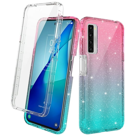 TCL 20S Case With Built-in Screen Protector, Rosebono Hybrid Glitter Sparkle Transparent Colorful Gradient TPU Skin Cover Case For TCL 20S (Blue/Pink)