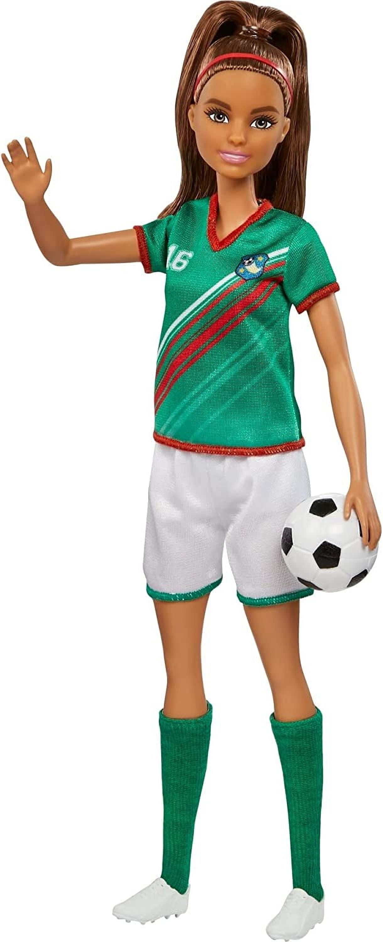 Barbie Careers Fashion Doll & Accessory, Soccer Player with Brunette Ponytail, #16 Uniform, Tall Socks, Cleats & Soccer Ball