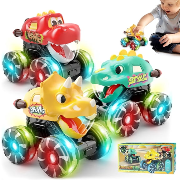 3 pack Dinosaur Toy Cars for Toddlers 1-3 for Boys, Press & Go Monster Trucks with Light Up Wheels Toddler Toys for 3 4 5 6 Years Old Boys, Birthady Gifts Dino Toys for 1 2 3 Year Old Boys Girls