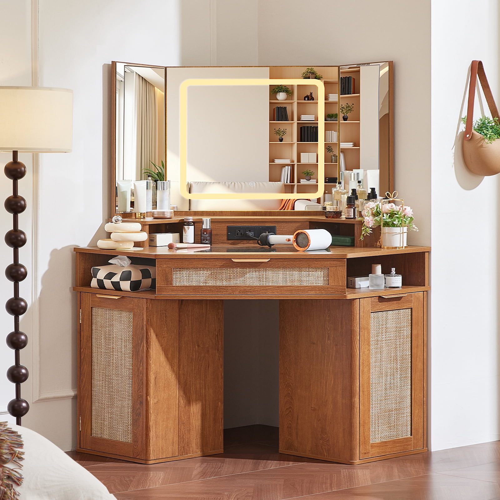 Modern Rattan Corner Vanity Desk, 46" Corner Makeup Vanity Desk with Smart Mirror and Lights, Oak Vanity Desk with Charging Station and 1 Drawer, Stool & Shelves for Bedroom, Tea Brown
