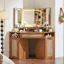 Modern Rattan Corner Vanity Desk, 46" Corner Makeup Vanity Desk with Smart Mirror and Lights, Oak Vanity Desk with Charging Station and 1 Drawer & Shelves for Bedroom, Tea Brown