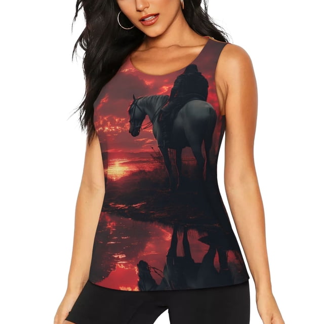Fotbe Lone Rider Under Red Sky Blusas Sin Mangas para Mujer – Estilo Casual, Corte Suelto, Slim-Fit, Cuello Redondo Deportivo, Tops de Verano para Gimnasio y Yoga-Large
