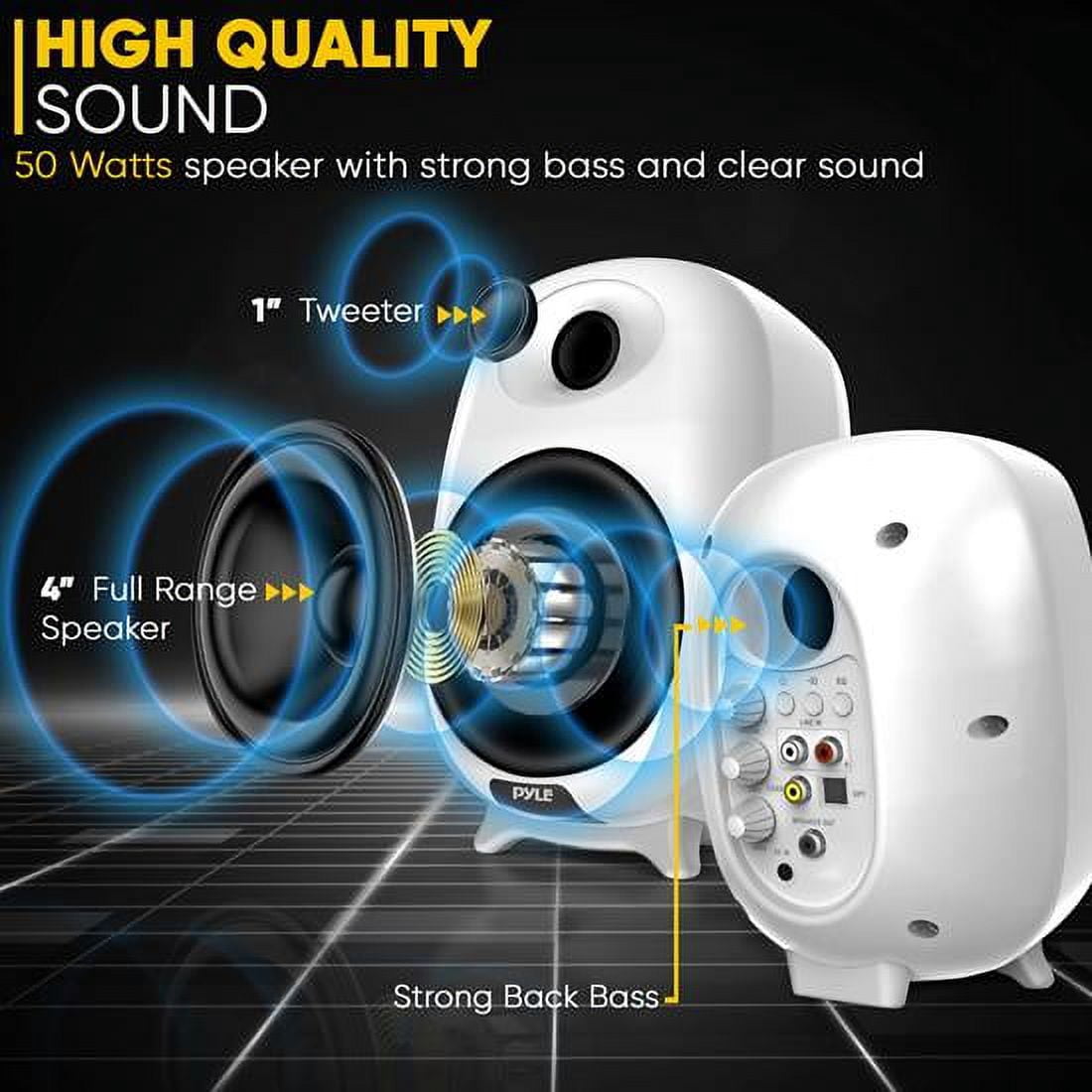 Pyle HiFi 60W Powered Bluetooth Bookshelf Monitor Speaker Set, Optical RCA in, Bass/Treble Adjustable, Deep Bass, 3 Audio Mode, Studio Computer Desk Stereo System, Remote Control, White - PBKSR40WT