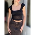 thumbnail image 2 of Arvbitana Women Teen Girls Cap Sleeve Crop Tops Textured Sheer Mesh Square Neck Show Navel T-shirt Slim Fit Backless Summer Fashion Shirts for Streetwear, 2 of 6