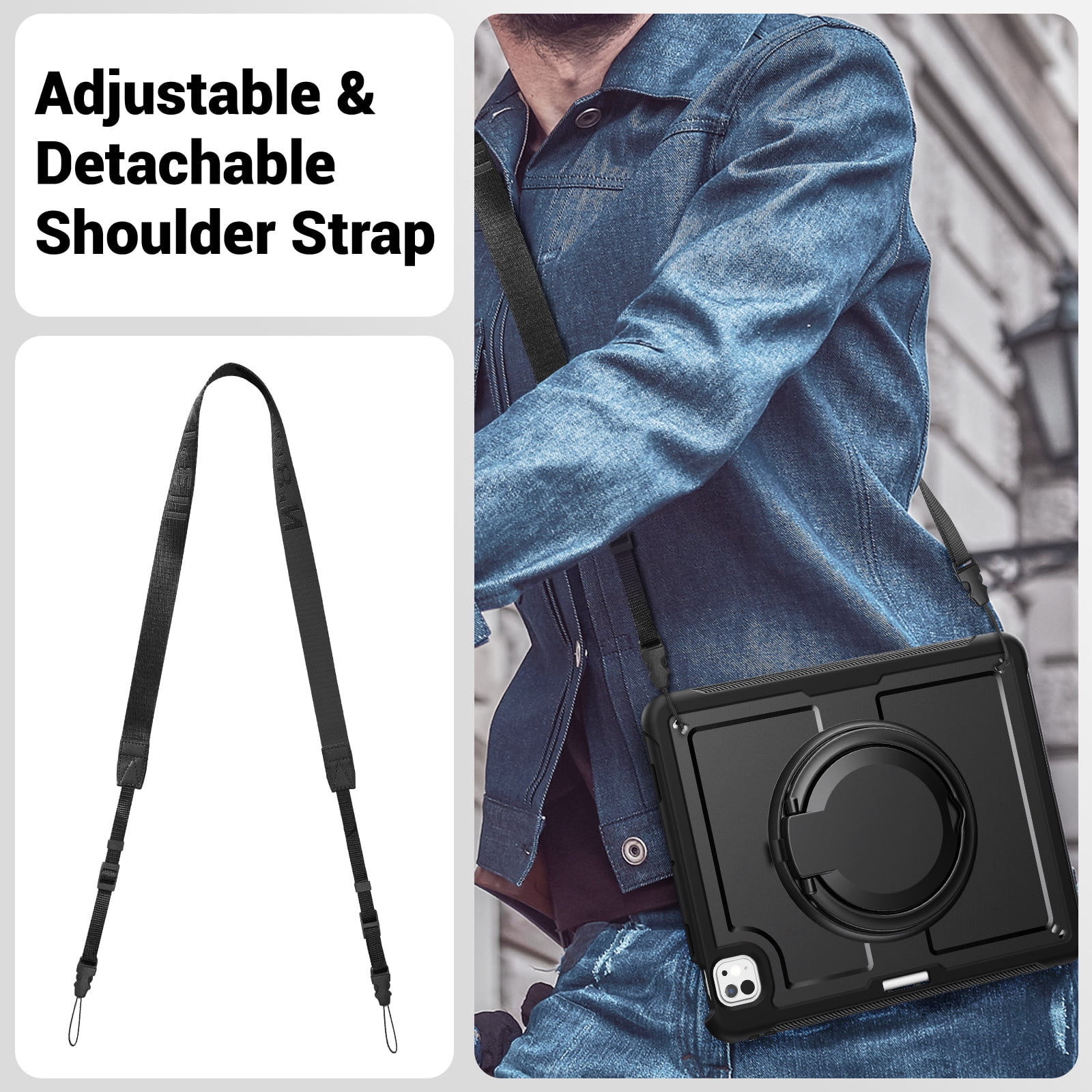 Shockproof Case for Apple iPad Pro 13 Inch 2024, Rugged Hybrid Protective Cover with Pencil Holder & Shoulder Strap Kids Friendly Rotating Kickstand Case for iPad Pro 13" 2024 M4,Black