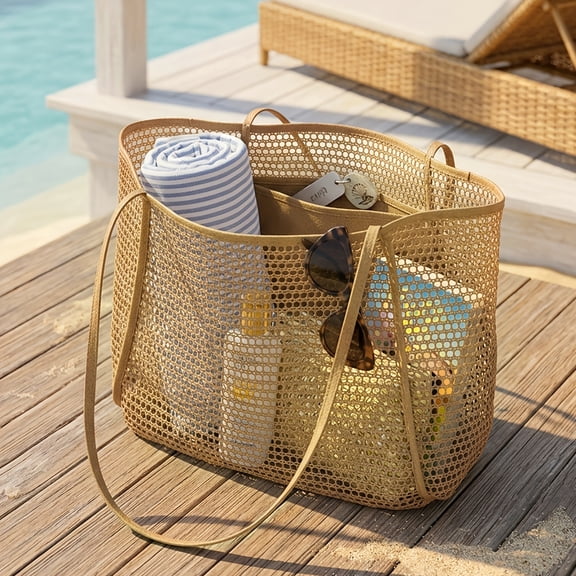 Mesh Beach Tote Bag Large Capacity Bohemian Vacation Organizer Travel Handbag for Women