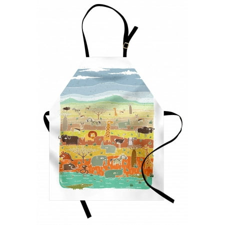 

Cartoon Apron Savannah with Doodle Animals Snake Giraffe Lion Boar Zebra and Crocodile Unisex Kitchen Bib with Adjustable Neck for Cooking Gardening Adult Size Multicolor by Ambesonne
