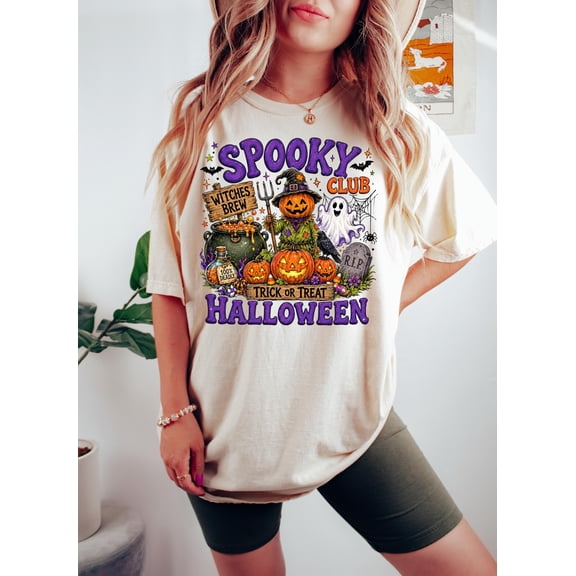 Vintage Halloween Shirt Womens Halloween T-Shirt Spooky Party Tee Pumpkin Ghost Scarecrow Outfit Halloween Graphic Top