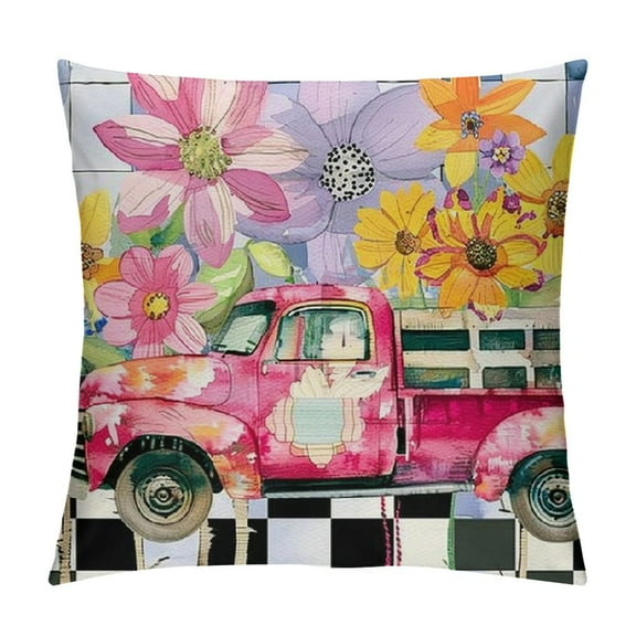 PHYHOO Spring Pillow Covers Pink Buffalo Plaid Tulip Flowers Truck Decor Pillow Cover Hello Spring Outdoor Pillows for Couch Sofa Patio Furniture Home Decorations