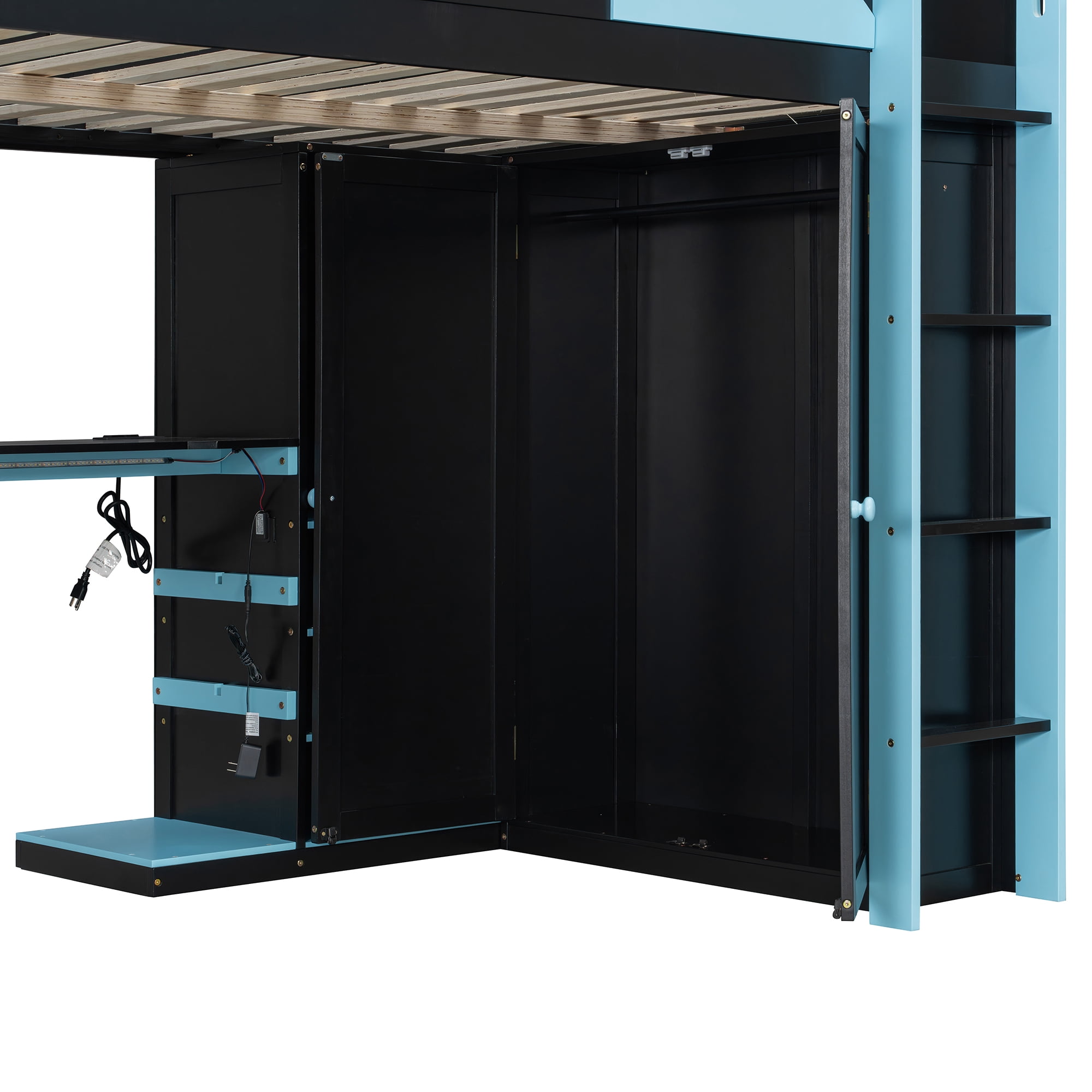 Mintazer Full Gaming Loft Bed with Adjustable Desk & Wardrobe, Modern Loft Bed with RGB Lights & Storage Pegboard, Black & Blue