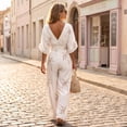 thumbnail image 4 of Summer Jumpsuit for Women V Neck Ruched High Waist Linen Wide Leg One Piece Outfit for Casual Summer Wear, 4 of 7